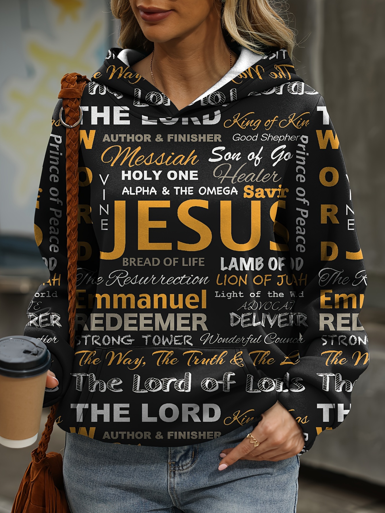 jesus letter print hoodies casual kangaroo pocket long sleeve sweatshirt womens clothing details 4