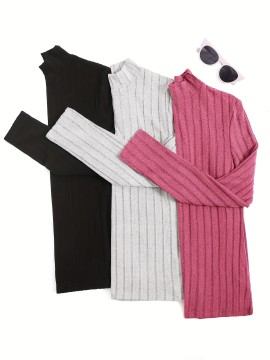3 Packs Ribbed Mock Neck T-Shirts, Casual Long Sleeve Top For Spring & Fall, Women's Clothing